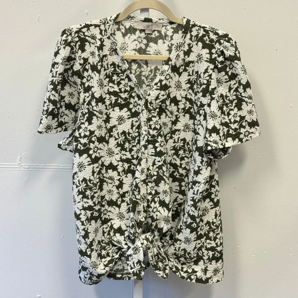 LOFT Olive Green White Floral Textured Tie Front Puff Sleeve Blouse XXL Boxy